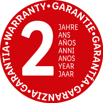 Selo de garantia de 2 anos, com o texto 'WARRANTY GARANTIE GARANTIA GARANZIA' e 'JAHRE ANS AÑOS ANNI ANOS YEAR JAAR'.