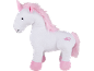 Unicórnio de pelúcia branco com crina e cauda rosa, chifre e cascos rosa, e corações bordados.
