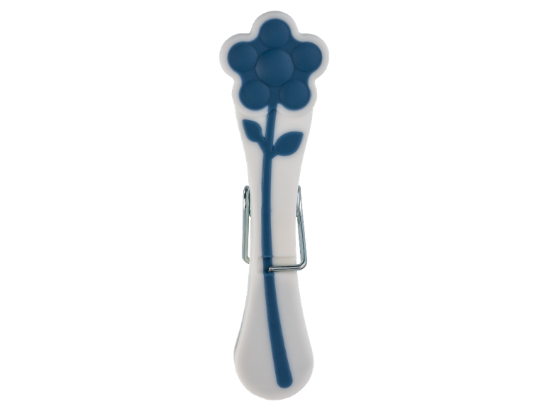 Forma de gelo branca e azul em forma de flor com fecho de metal.