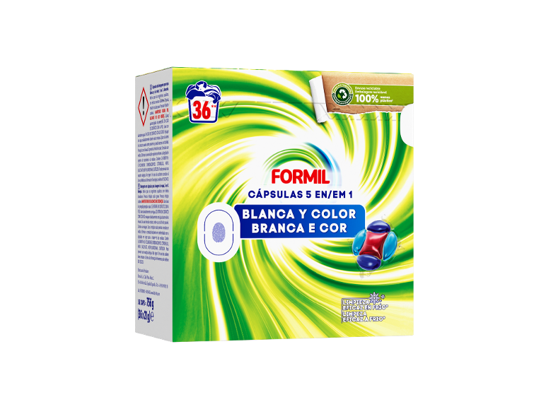 Embalagem de 36 cápsulas de detergente 5 em 1 para roupa branca e de cor, eficazes a frio.