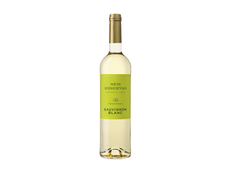 Garrafa de vinho branco Sauvignon Blanc com rótulo verde com a inscrição “Sem Reservas”.