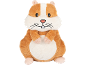 Peluche de hamster castanho e branco com bochechas cheias e um sorriso