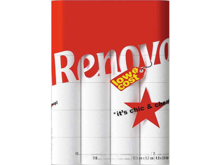 Papel higiénico branco com as inscrições 'low cost' e 'it's chic & cheap' em fundo vermelho.