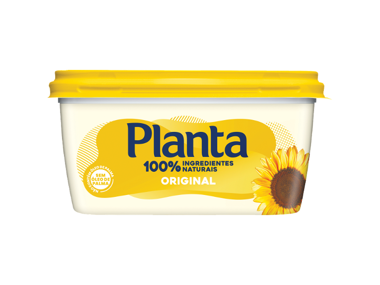 Margarina com 100% ingredientes naturais, sem óleo de palma, em embalagem branca com tampa amarela.
