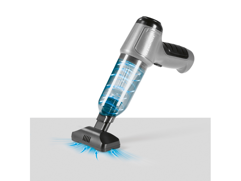 Aspirador de mão sem fios cinzento com recipiente transparente e fluxo de ar azul