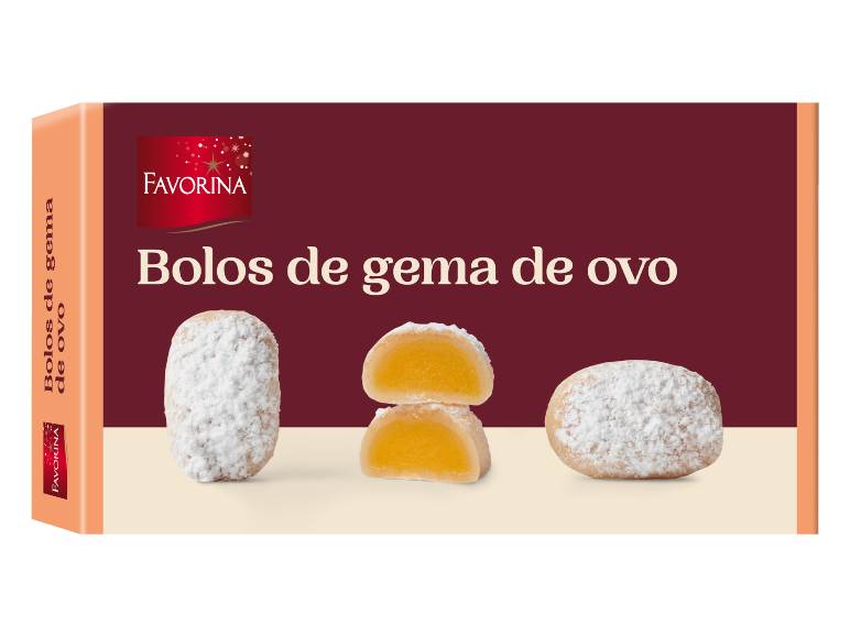 Caixa de bolos de gema de ovo, polvilhados com açúcar em pó, com a inscrição 'Bolos de gema de ovo'.
