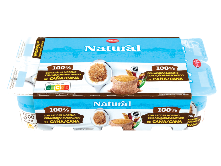 Iogurte com açúcar mascavado de cana, com Nutri-Score C e sem glúten.