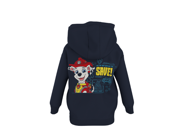Moletom azul com capuz e estampa de filhote de bombeiro e o texto 'WE'VE GOT DINOS TO SAVE!'
