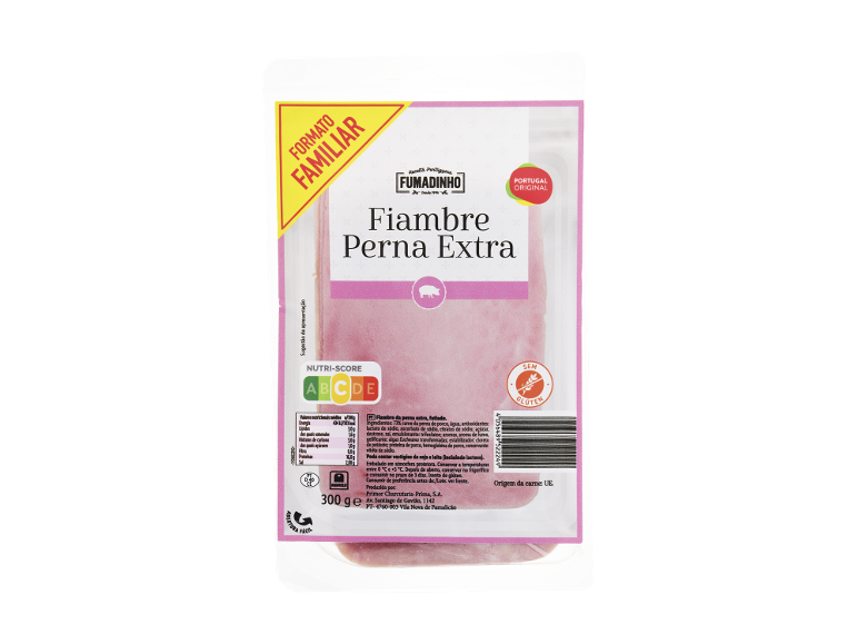Embalagem de fiambre de perna extra fatiado, 300g, com Nutri-Score A, sem glúten e formato familiar.