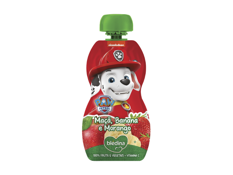 Bolsa de puré de fruta vermelha com personagem Patrulha Pata, com maçã, banana e morango.