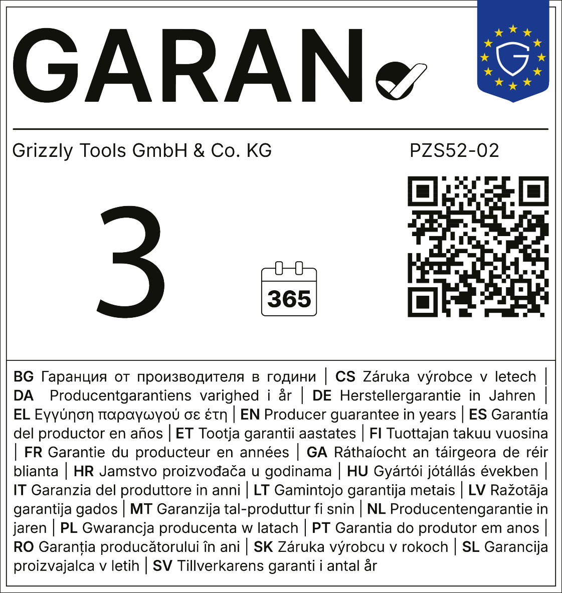 Garantia 3 anos, 365 dias, PZS52-02.