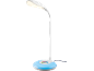 Candeeiro de secretária LED branco com base azul e controlo tátil de cor.