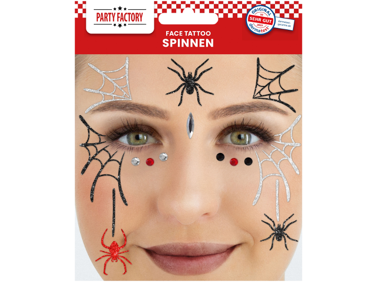 Tatuagens faciais de aranhas e teias com glitter para festas, com joias decorativas.