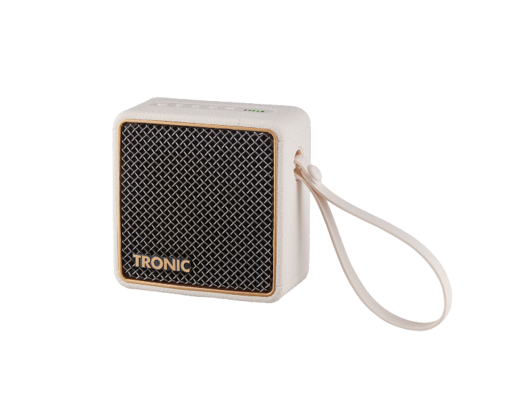 Mini coluna portátil branca com grelha metálica e alça, logótipo 'TRONIC'.