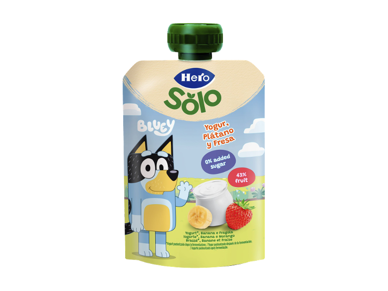 Hero Solo iogurte de banana e morango, 0% açúcar adicionado, com Bluey.