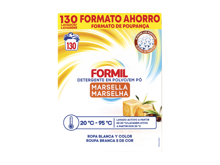 Detergente em pó FORMIL Marsella para 130 lavagens, ativo a partir de 20°C para roupa branca e de cor.