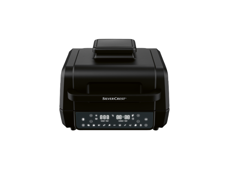 Grelhador elétrico preto com ecrã digital que exibe a temperatura alvo e atual.