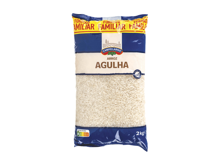 Embalagem de arroz agulha de 2 kg com classificação Nutri-Score A.