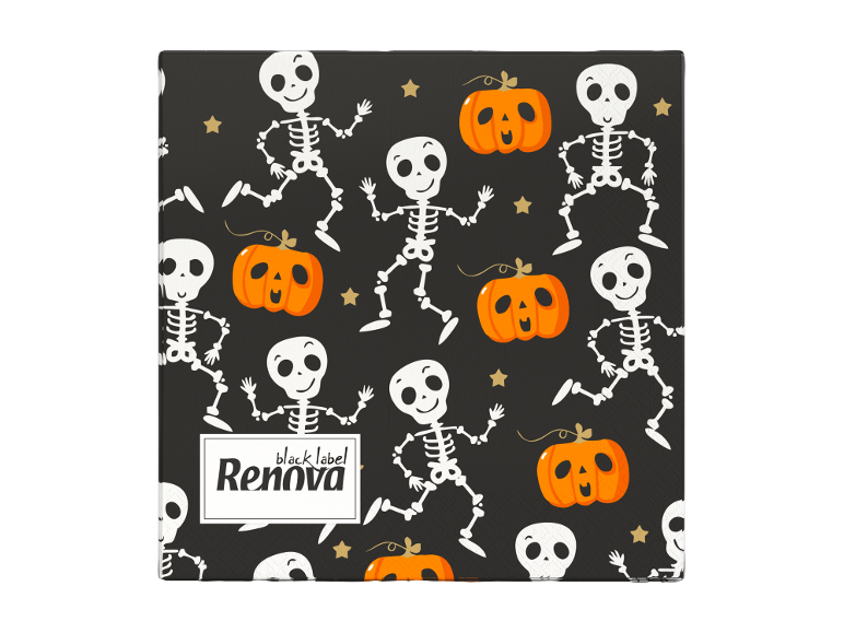 Guardanapos de papel de Halloween com padrão de esqueletos dançantes e abóboras em fundo preto