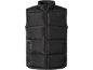 Colete acolchoado preto masculino com fecho de correr frontal.