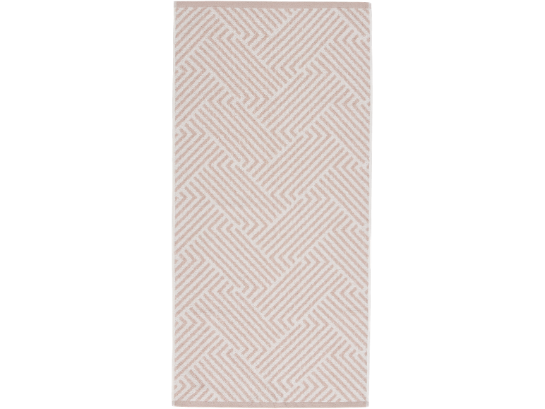 Tapete de casa de banho rosa e branco com padrão geométrico.
