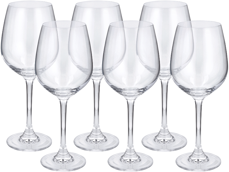 Seis copos de vinho transparentes com hastes longas e taças largas sobre fundo preto.