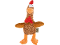 Brinquedo de peluche de galinha castanho com bico e patas laranja, e crista e barbilho vermelhos.