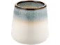 Caneca de cerâmica com esmalte em tons de azul, castanho e creme.
