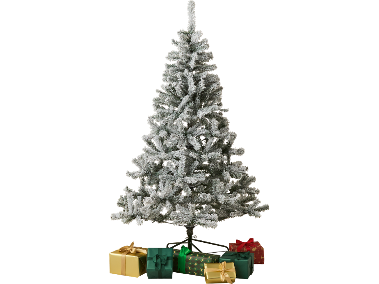 Árvore de Natal flocada com presentes por baixo