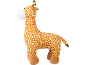 Peluche de girafa com manchas castanhas e bege, focinho branco e cascos castanhos.