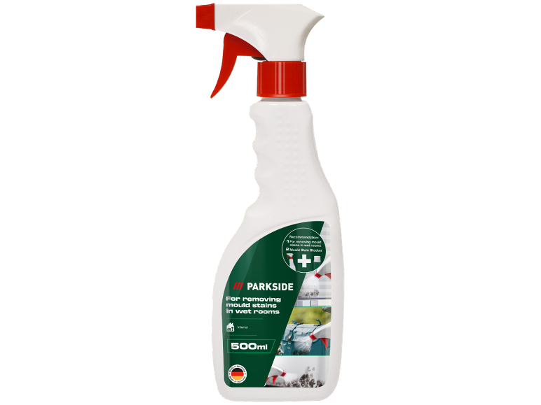 Spray branco de 500ml para remover bolor, com rótulo verde e detalhes vermelhos.