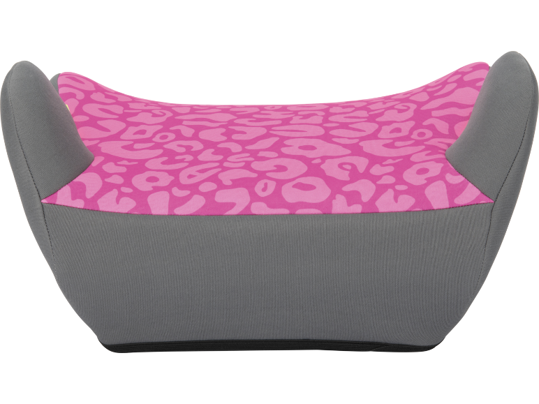 Assento elevatório infantil com padrão de leopardo rosa e base cinzenta.