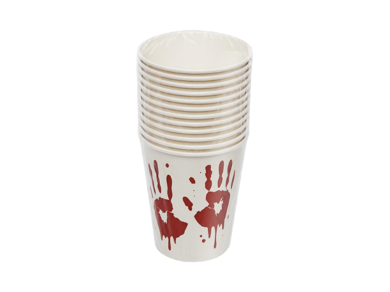 Copos de papel brancos com padrão de mãos ensanguentadas para o Halloween.