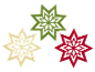 Três estrelas de Natal: verde, bege e vermelha, sobre fundo preto.
