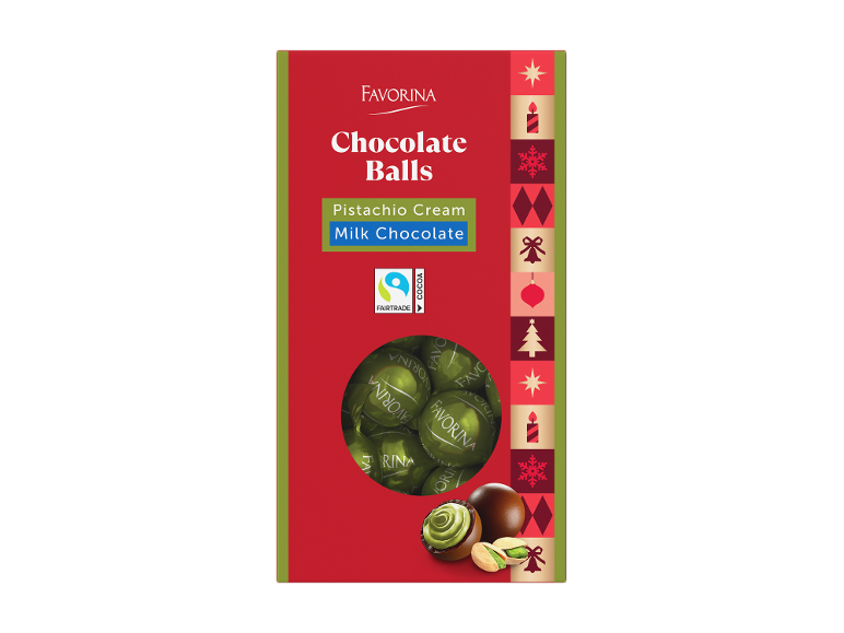 Bolas de chocolate com creme de pistácio e chocolate de leite, em embalagem festiva.