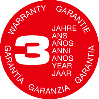 Selo vermelho de 3 anos de garantia em várias línguas.