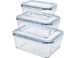 Conjunto de três recipientes de vidro empilhados com tampas de plástico transparente.