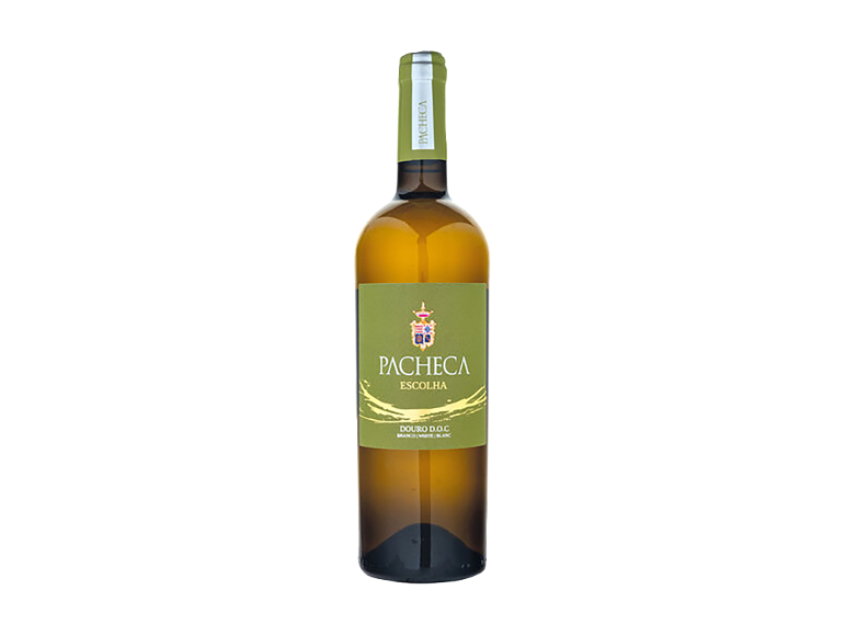Vinho branco em garrafa com rótulo verde e detalhes dourados.