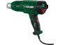Pistola de ar quente verde com ecrã digital e botões vermelhos.