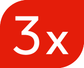 Emblema vermelho com texto branco '3x'.