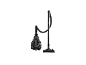 Aspirador preto com recipiente de pó transparente e tubo telescópico.