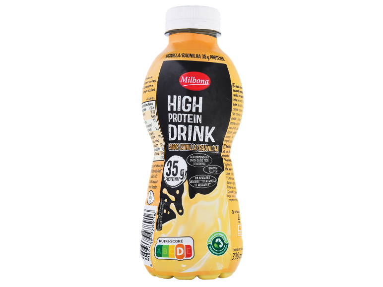 Garrafa de bebida proteica de baunilha, 35g de proteína, sem açúcar e sem glúten.