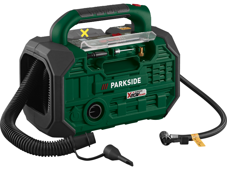 Compressor e insuflador verde com mangueiras e bicos.