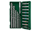 Conjunto de brocas e pontas de chave de fenda numa caixa verde, com brocas HSS e pontas S2PH1, S2PH2, S2PH3, S2PZ1, S2PZ2, S2PZ3, S2S e S26.