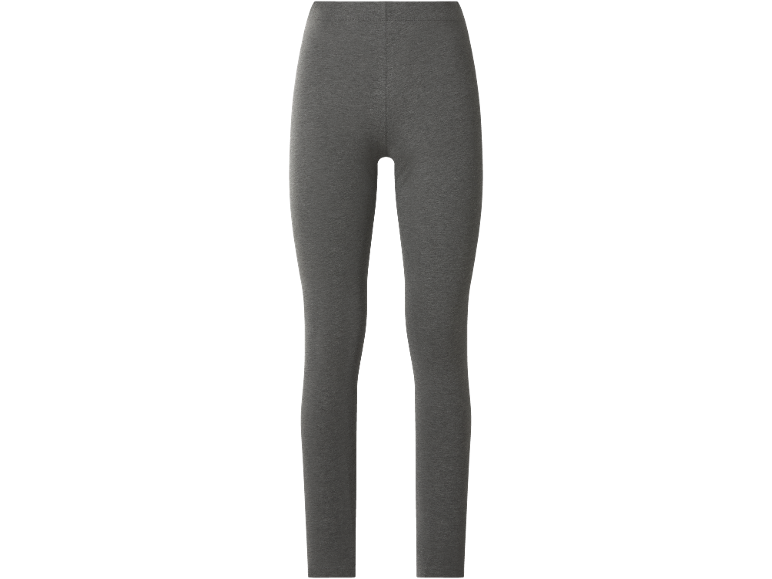 Leggings femininas cinzento-escuras de tecido macio e elástico.