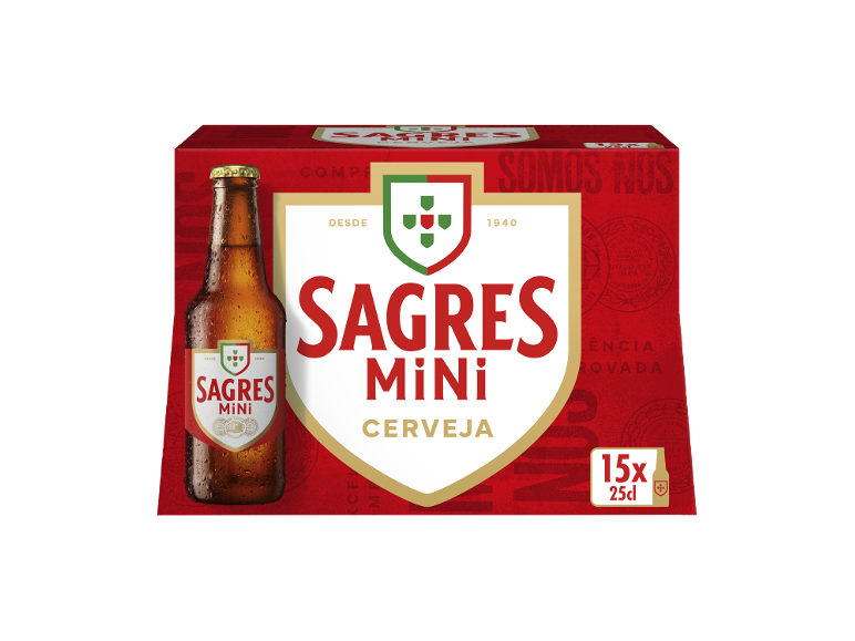 Caixa vermelha com 15 garrafas de mini cerveja, com o rótulo a dizer 'Mini Cerveja'.