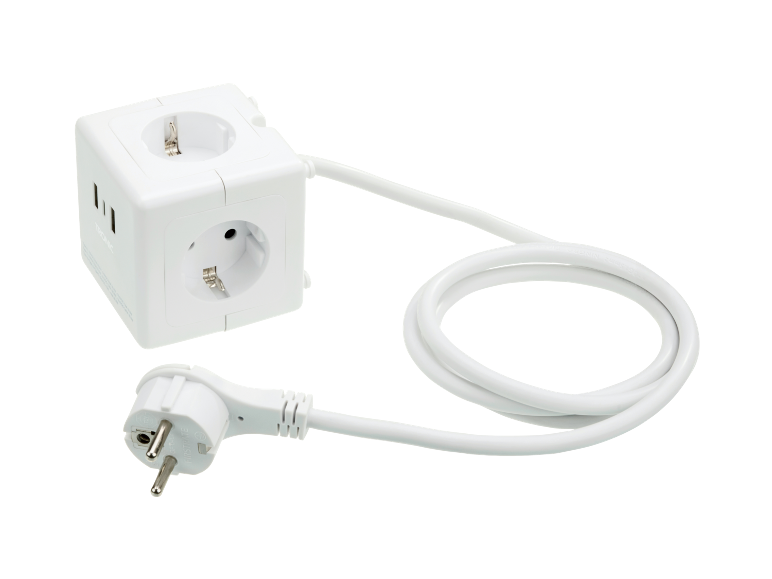 Extensão cúbica branca com tomadas e portas USB, com cabo e ficha.
