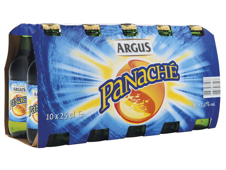 Embalagem de 10 garrafas de bebida Panaché de 25 cl cada, com baixo teor alcoólico.