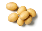 Um grupo de batatas frescas com casca amarela, vistas de cima sobre um fundo branco.
