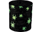 Copo preto de Halloween com aranhas que brilham no escuro e texto 'Happy Halloween!'.